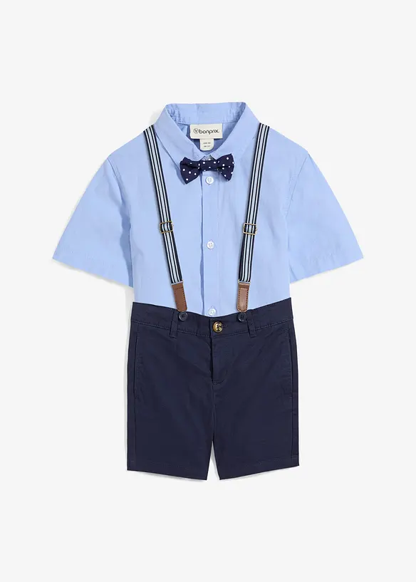 Kortermet skjorte, shorts i chinos-modell, bukseseler og tversoversløyfe (4-delt sett), bonprix
