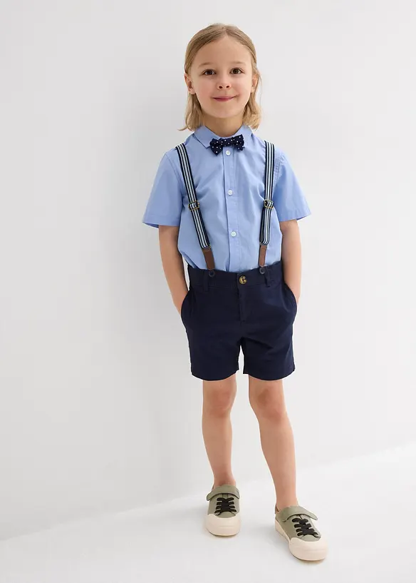 Kortermet skjorte, shorts i chinos-modell, bukseseler og tversoversløyfe (4-delt sett), bonprix