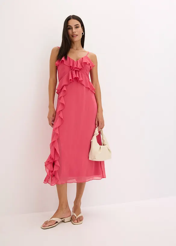 Midikjole i chiffon med volanger, bonprix
