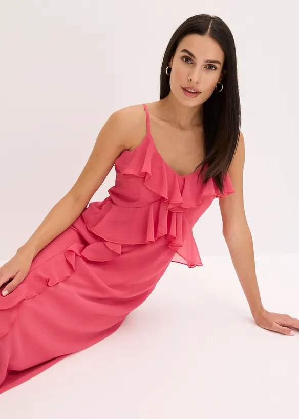 Midikjole i chiffon med volanger, bonprix