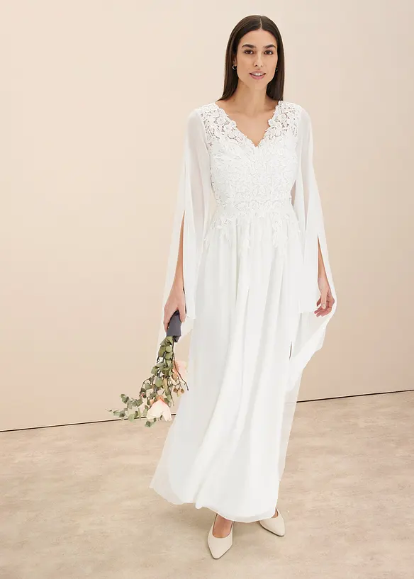 Brudekjole i tynn chiffon med blonder, bonprix