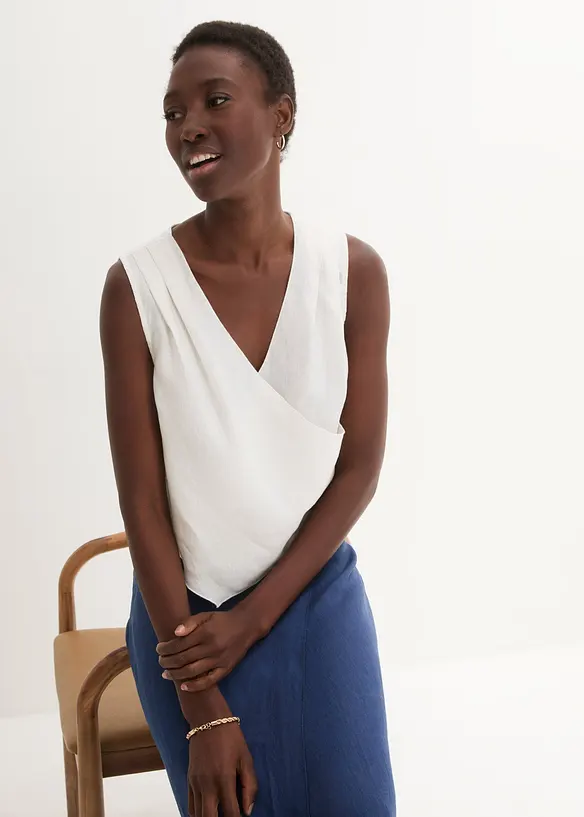 Blusetopp i 100% lin og omslagslook, bonprix