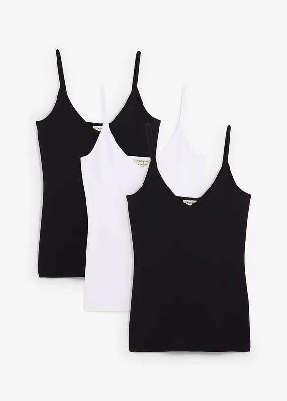 Singlet med spaghettistropper av ren økologisk bomull (3-pack), bonprix