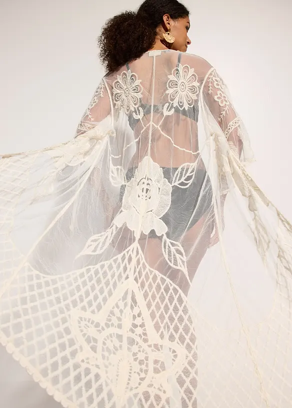 Transparent strandkimono med blonder, bonprix