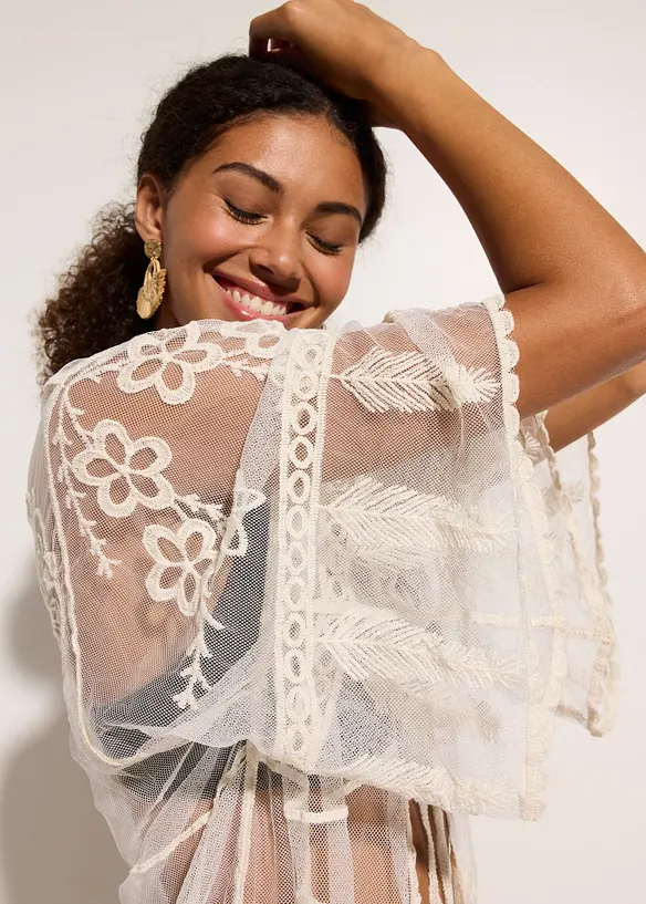 Transparent strandkimono med blonder, bonprix