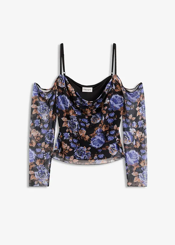 Cold-shoulder-topp i lett mesh, bonprix