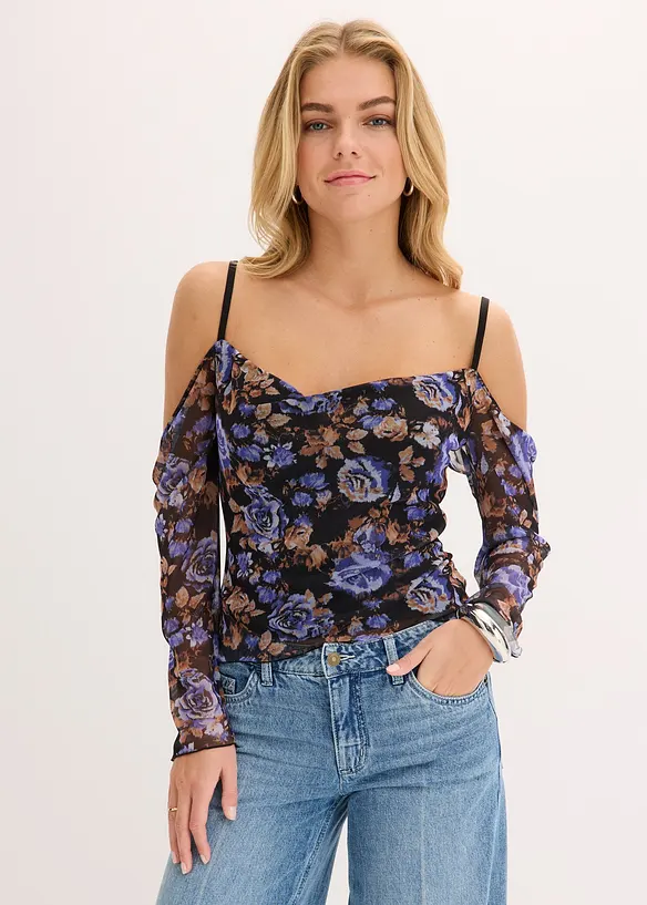Cold-shoulder-topp i lett mesh, bonprix