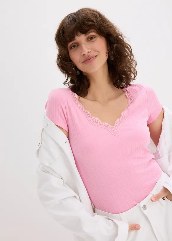 Ribbet topp med blondedetalj (2-pack), bonprix