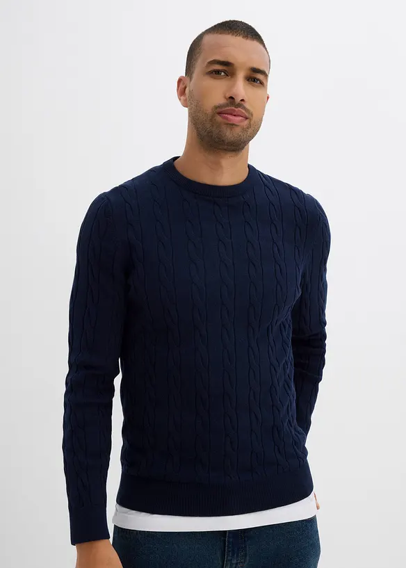 Finstrikket genser med flettemønster, Slim Fit, bonprix