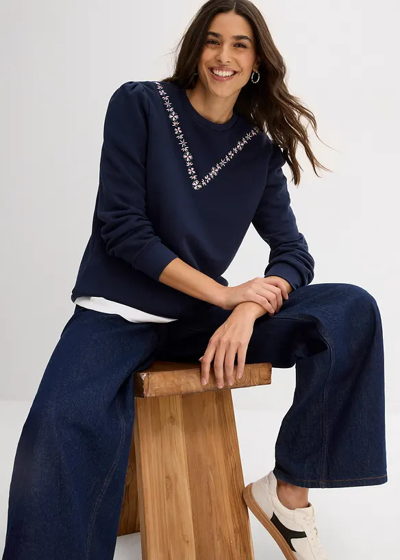 Sweatshirt i bomullsmiks med broderi, bonprix