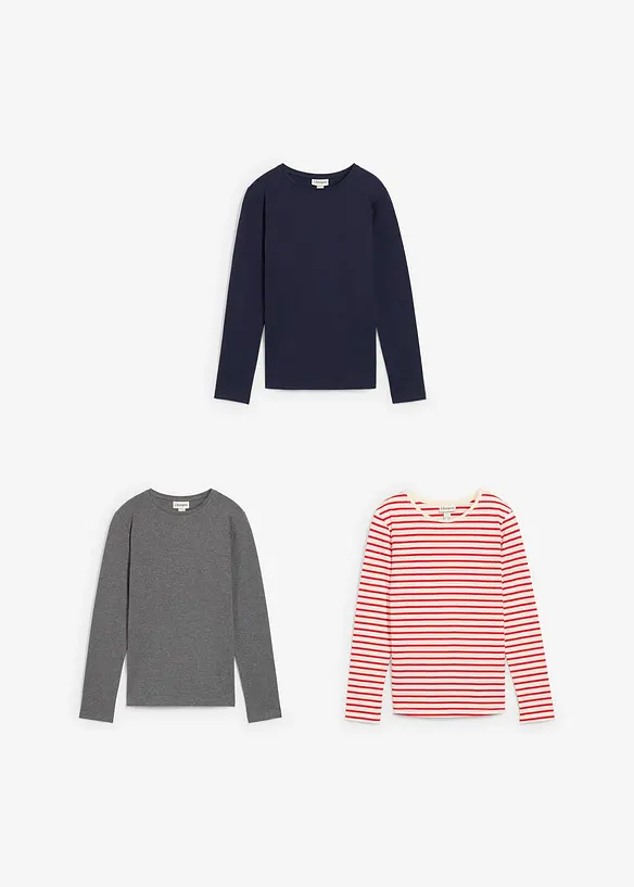 Langermet topp i ren økologisk bomull (3-pack), bonprix