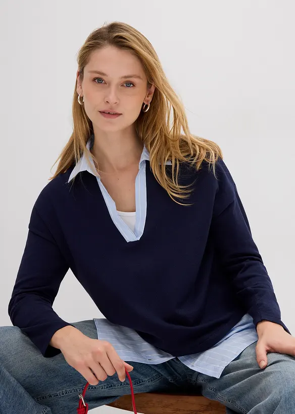Genser i finstrikk med bluse-innfelling, bonprix
