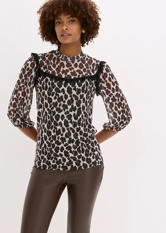 Topp av myk mesh med blonde, bonprix