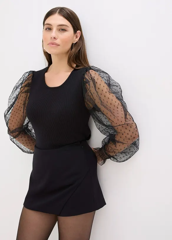 Finstrikket genser med mesh-ermer, bonprix