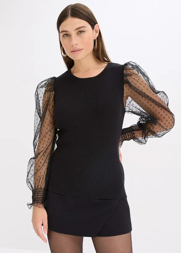 Finstrikket genser med mesh-ermer, bonprix