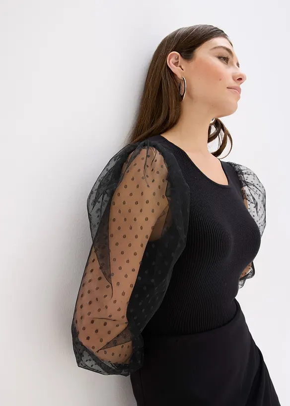 Finstrikket genser med mesh-ermer, bonprix