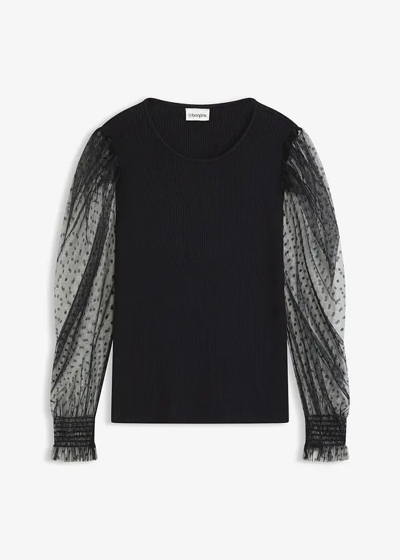 Finstrikket genser med mesh-ermer, bonprix