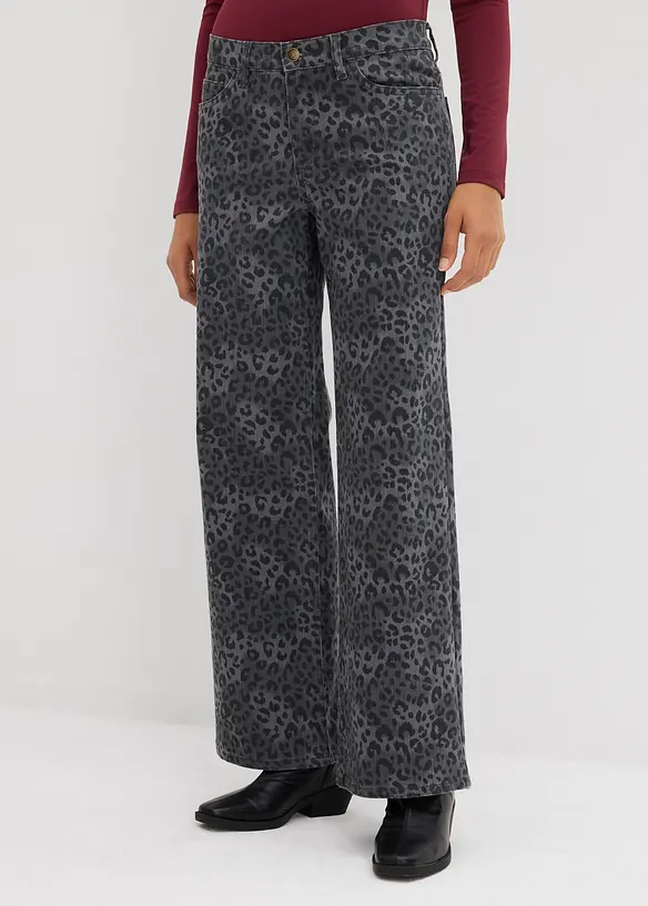 Wide Leg-twillbukse med leopardtrykk, bonprix