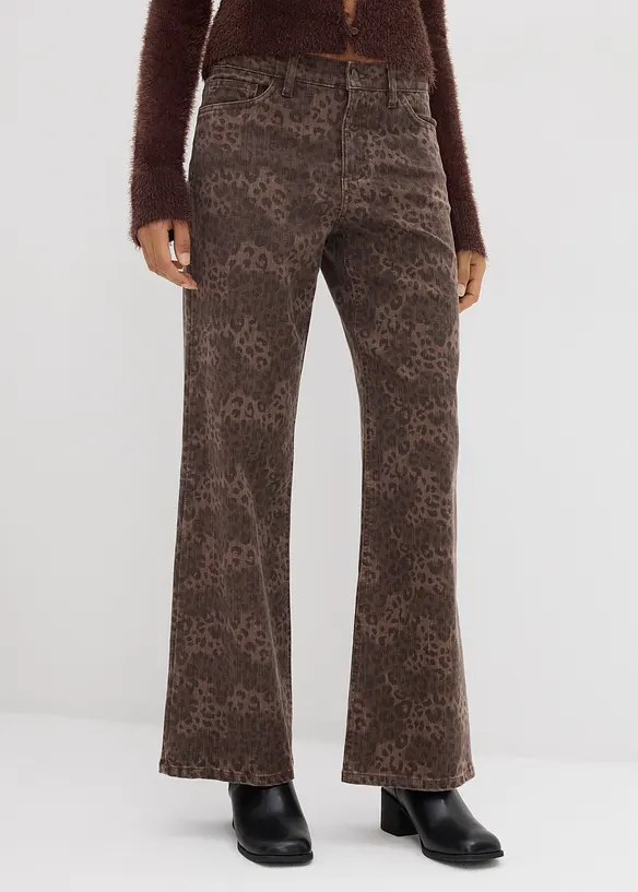 Wide Leg-twillbukse med leopardtrykk, bonprix