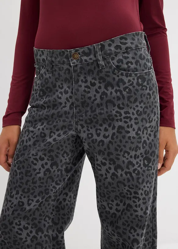 Wide Leg-twillbukse med leopardtrykk, bonprix