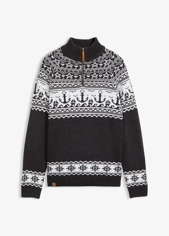 Genser i marinestil med koftemønster og kort glidelås i halsen, bonprix