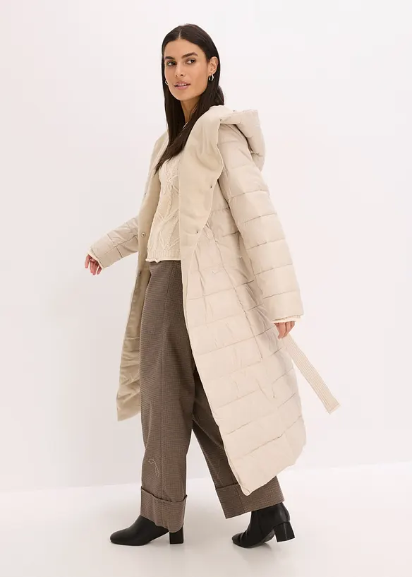 Vannavvisende, vattert kåpe med besetning i ullstil og knytebelte (2 deler), bonprix