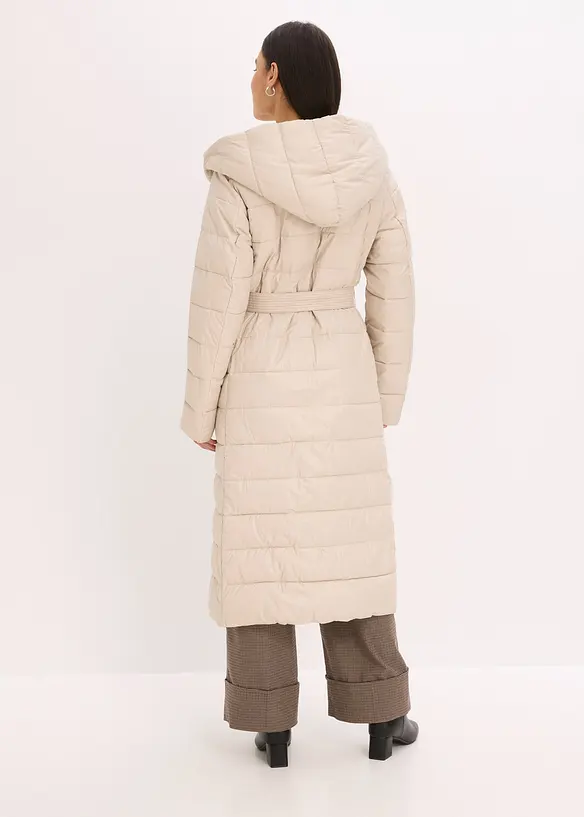 Vannavvisende, vattert kåpe med besetning i ullstil og knytebelte (2 deler), bonprix