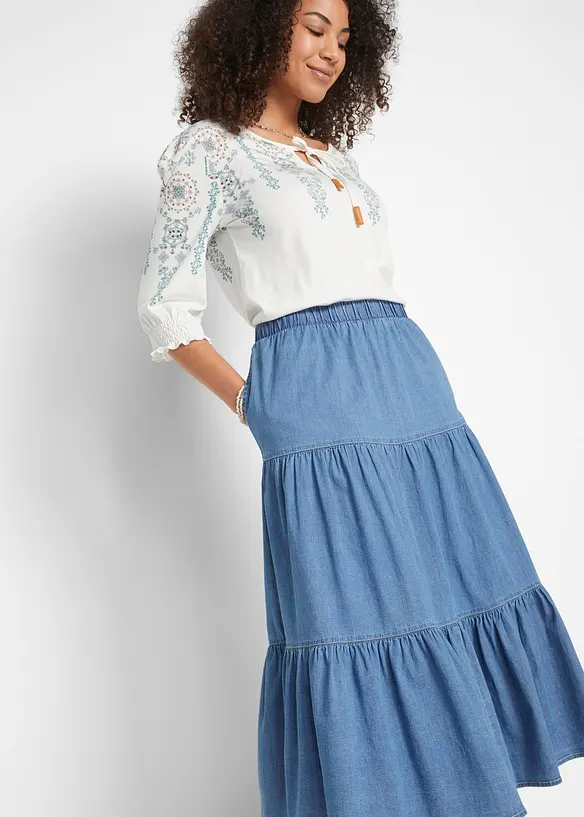 Volangskjørt i denim, bonprix