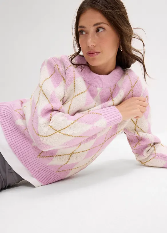 Finstrikket genser med rutemønster, bonprix