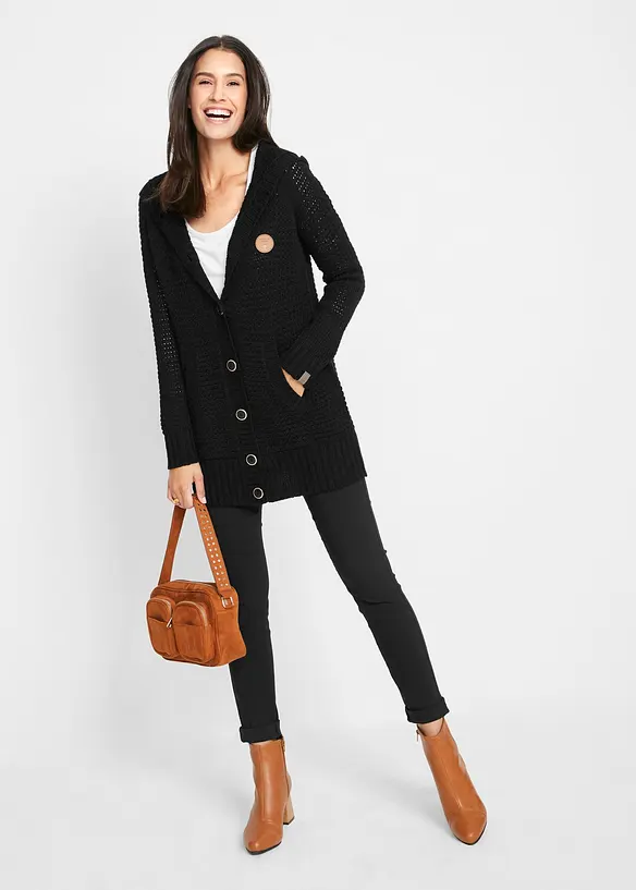 Lang cardigan med hette, bonprix