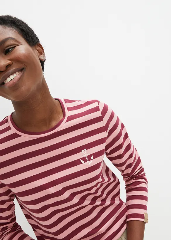 Stripet langermet topp med broderi, bonprix