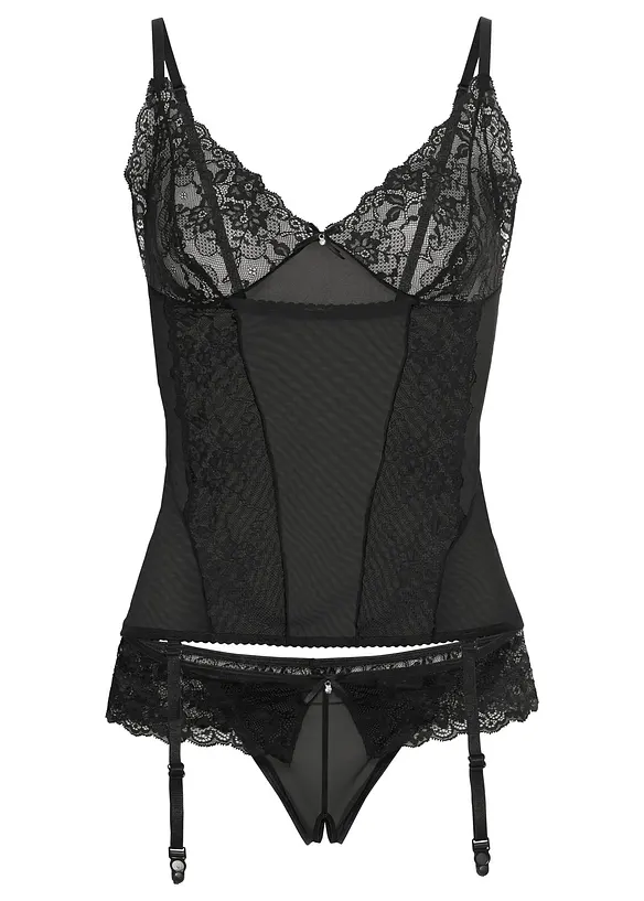 Korsett med strømpeholder +stringtruse ouvert (2-delt sett), bonprix