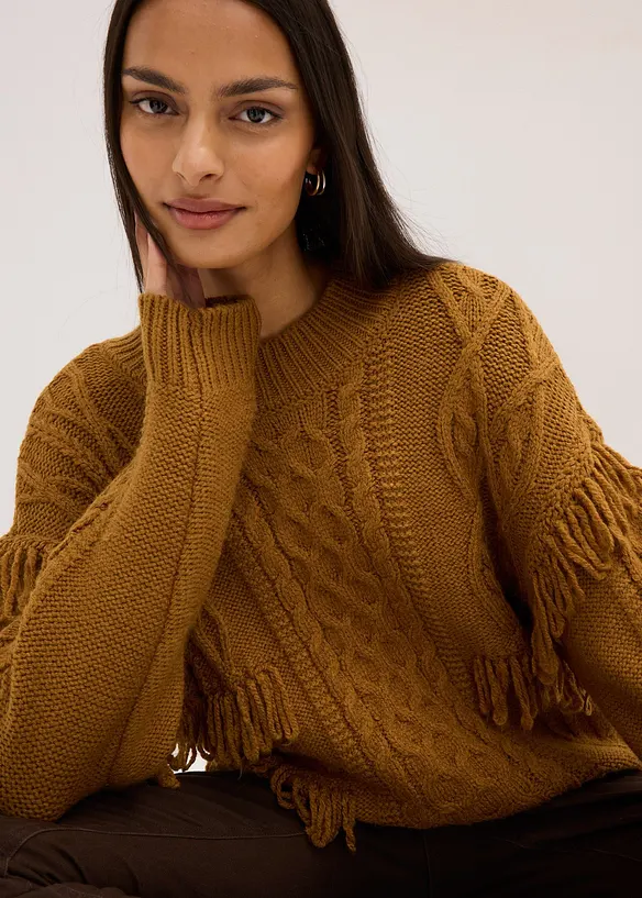 Oversized genser med frynser, bonprix