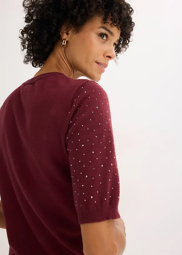Finstrikket, kortermet genser med strass, bonprix
