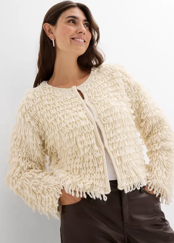Grovstrikket jakke i curly fuskepels-stil, bonprix