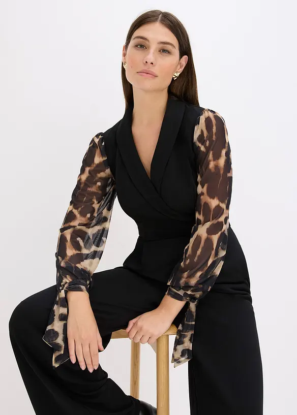 Jersey jumpsuit med ermer i mesh, bonprix