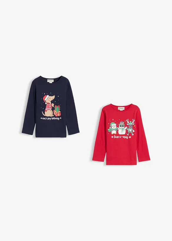 Langermet topp i økologisk bomull med julemotiv til barn (2-pack), bonprix
