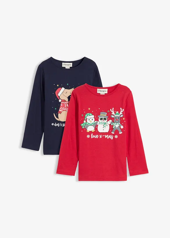 Langermet topp i økologisk bomull med julemotiv til barn (2-pack), bonprix