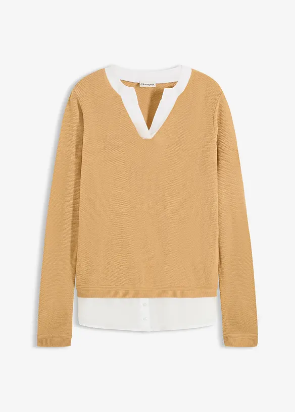 Genser i finstrikk med bluseinnfelling, bonprix