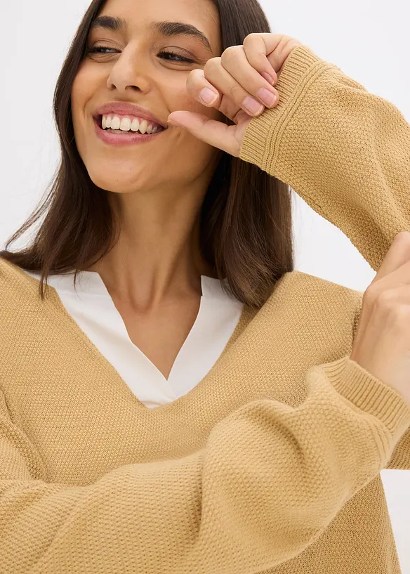 Genser i finstrikk med bluseinnfelling, bonprix