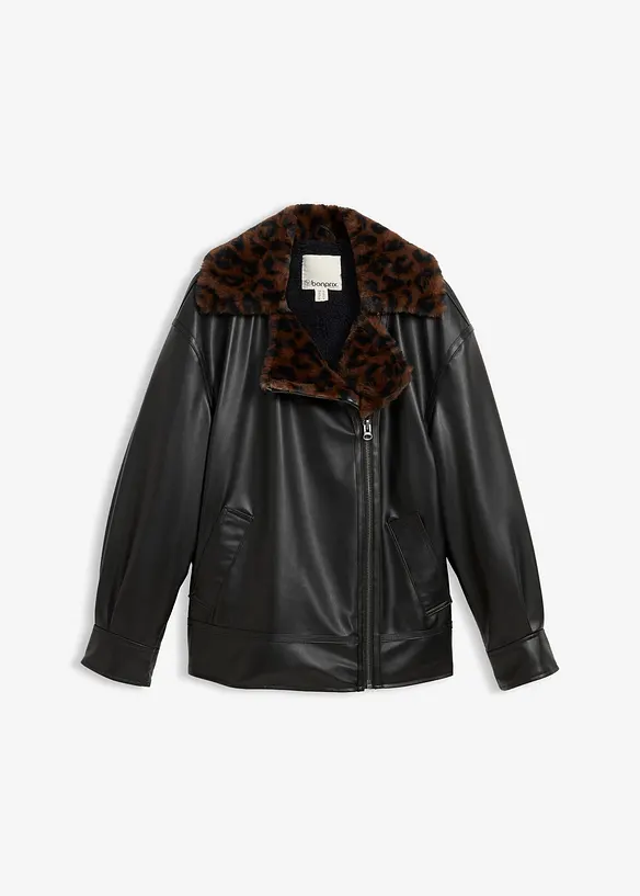 Jakke i imitert skinn med leopardmønstret fuskepels, bonprix
