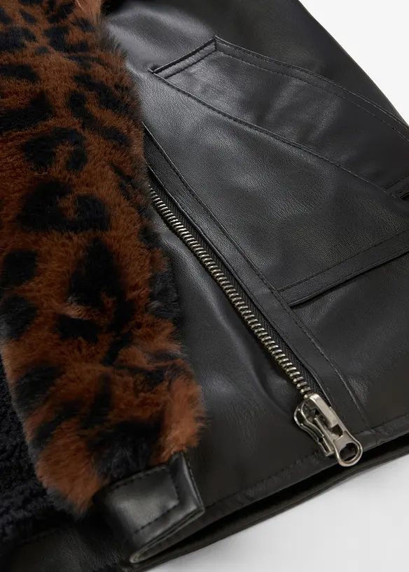 Jakke i imitert skinn med leopardmønstret fuskepels, bonprix