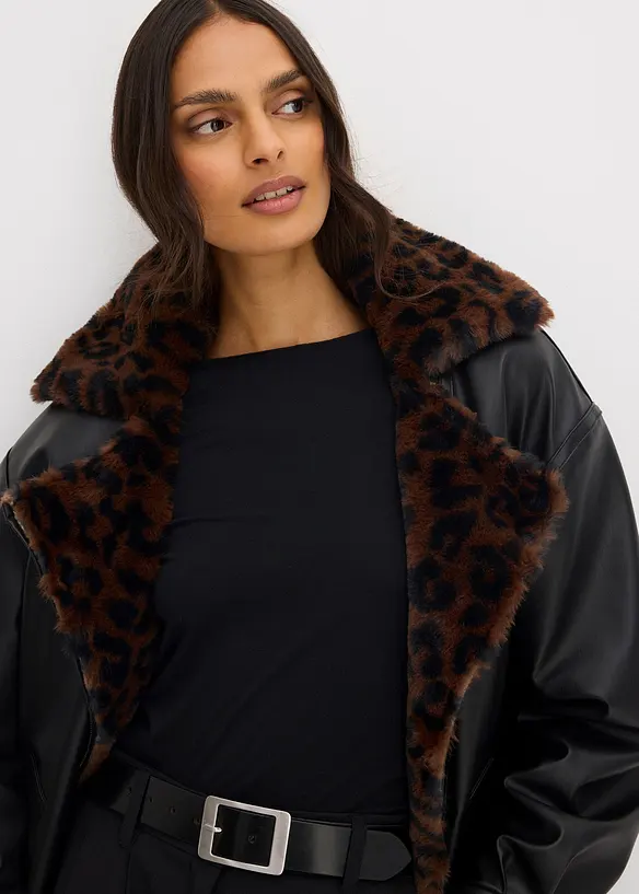 Jakke i imitert skinn med leopardmønstret fuskepels, bonprix