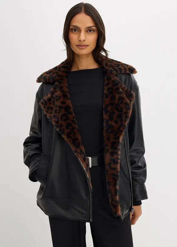 Jakke i imitert skinn med leopardmønstret fuskepels, bonprix