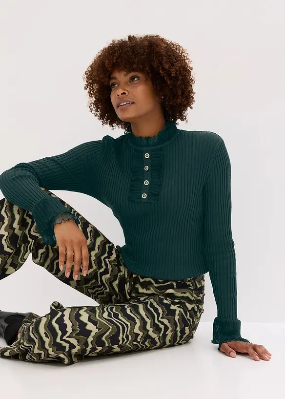 Finstrikket topp med volanger i chiffon, bonprix