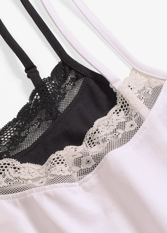 Singlet med økologisk bomull og blonder (2-pack), bonprix