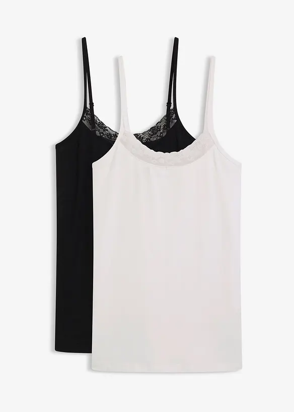 Singlet med økologisk bomull og blonder (2-pack), bonprix
