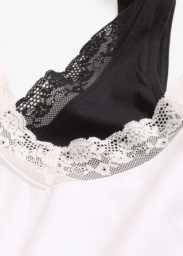 Singlet med økologisk bomull og blonder (2-pack), bonprix