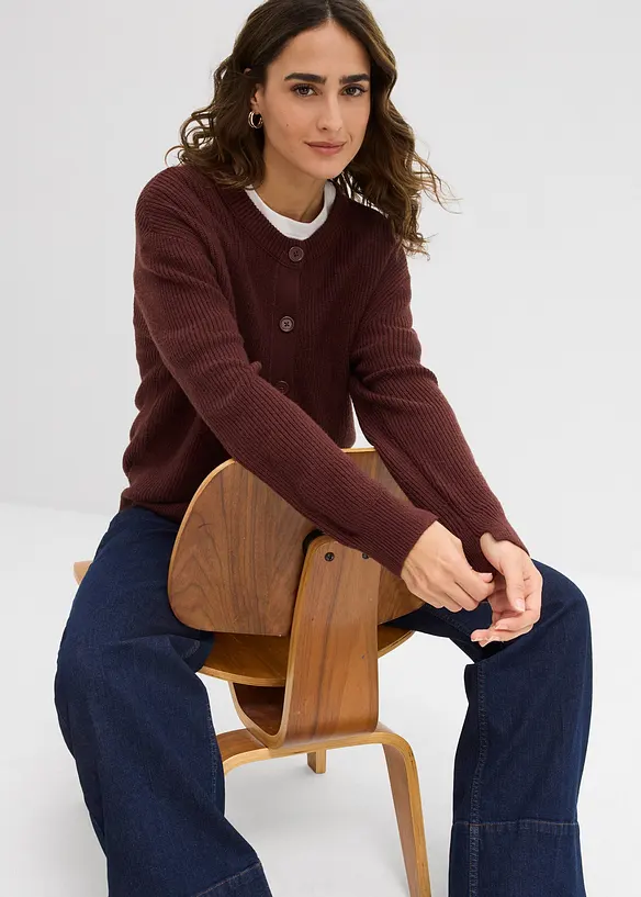 Finstrikket cardigan med rund hals, bonprix