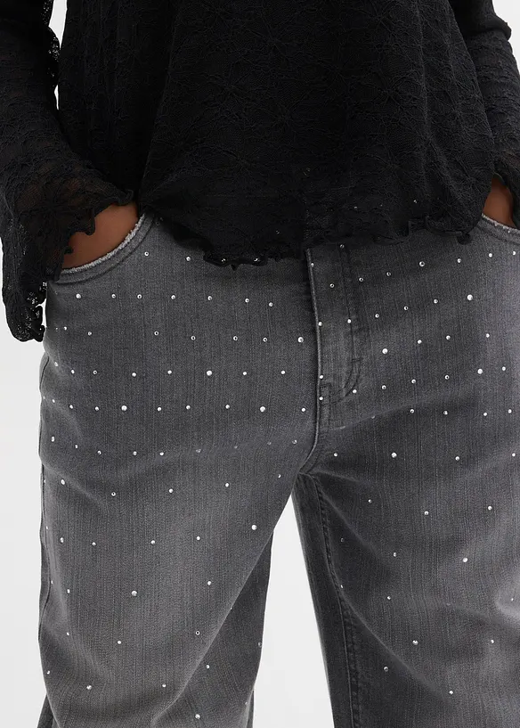 Wide Leg-jeans med strass Mid Waist, bonprix